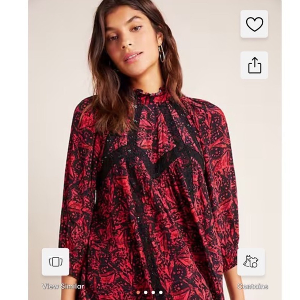 Anthropologie‎ Bhanuni by Jyoti Red Black Print Lace Trim Long Sleeve Top XL